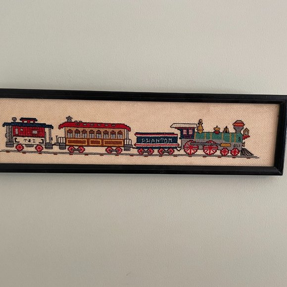 handmade trains Wall Decor Vintage Needlepoint Cross Stitch Train